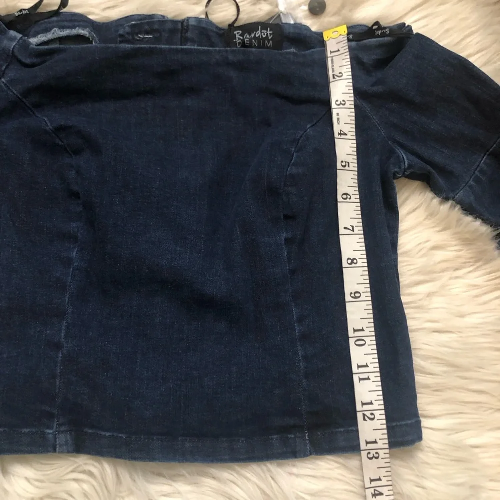 Bardot Lucinda Bell Sleeve Off Shoulder Denim Indigo Blue Cropped Top size 8 NWT